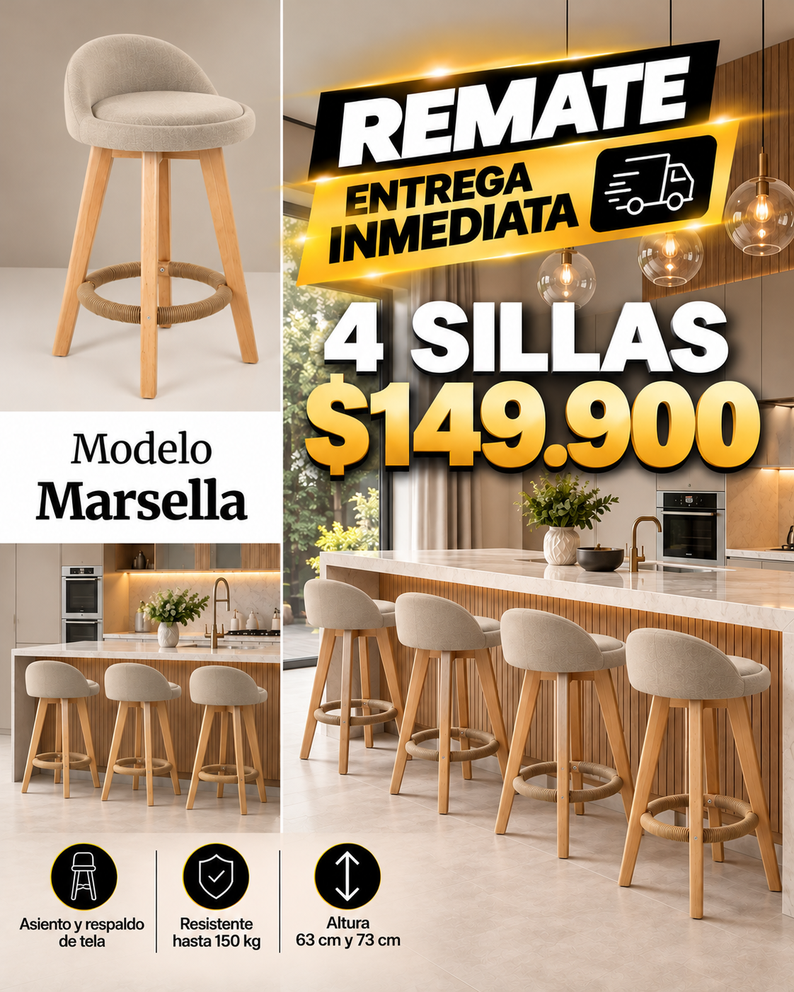 Silla de Bar Marsella Beige 63 cm x 4 Unidades