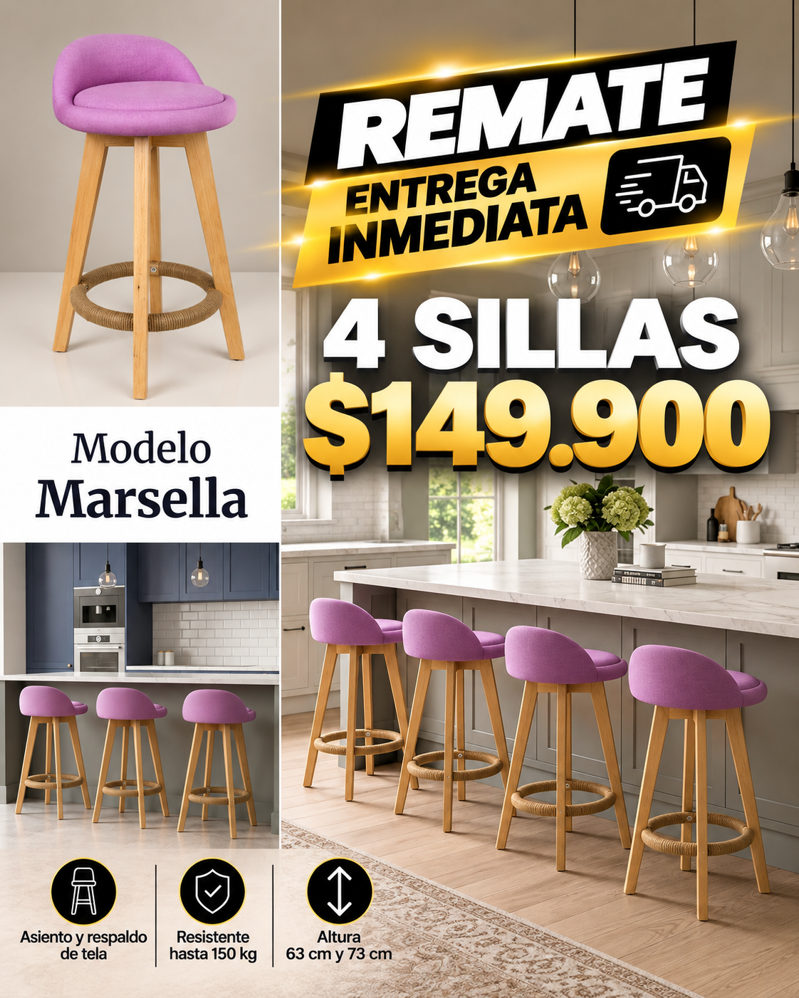 Silla de Bar Marsella Rosada 73 cm x 4 unidades