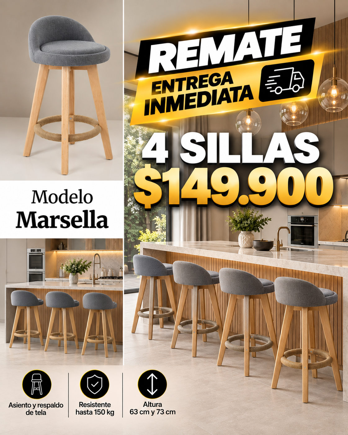 Silla de Bar Marsella 63 cm x 4 Unidades Gris