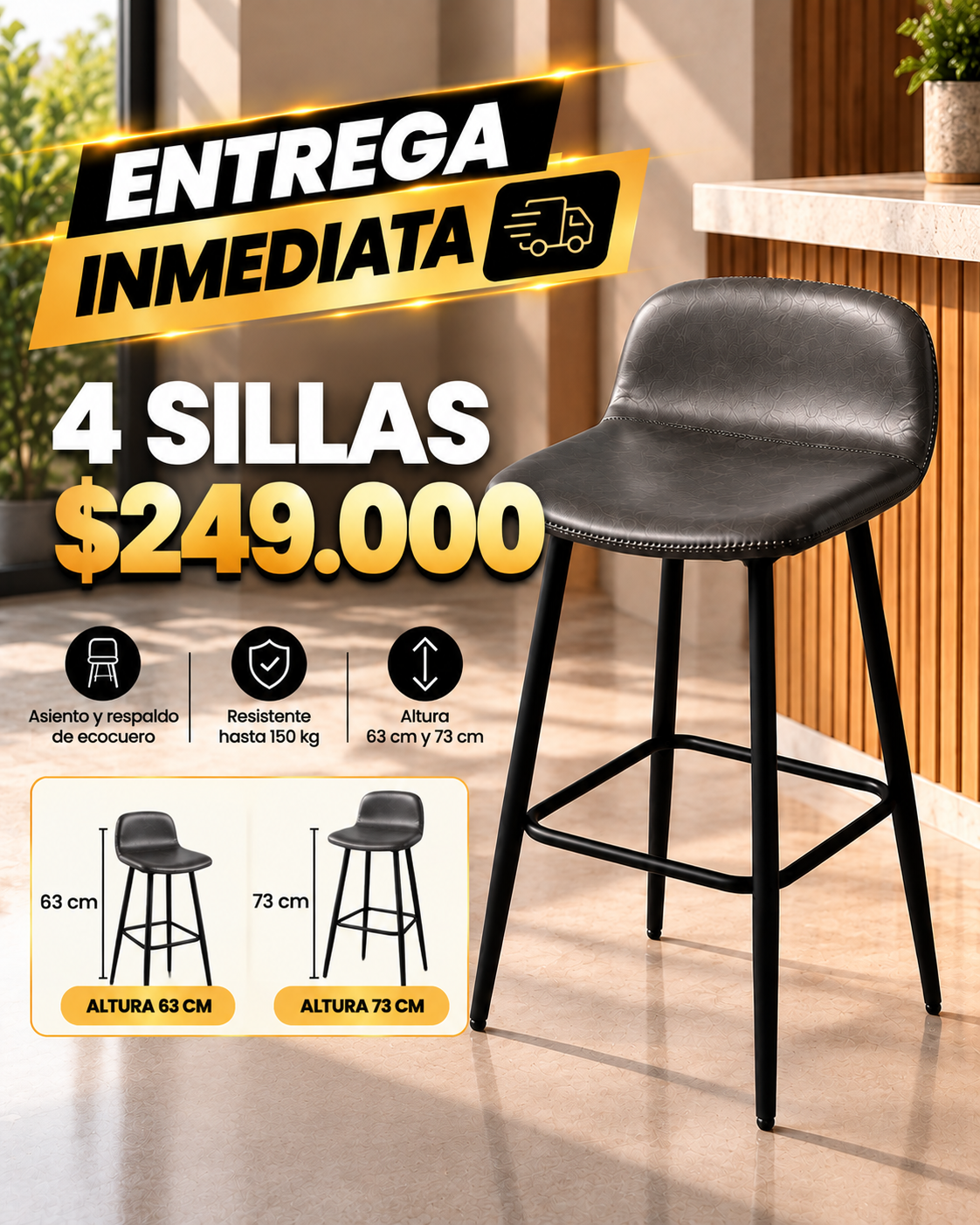 Silla de Bar Oxford Gris 73 cm x 4 Unidades